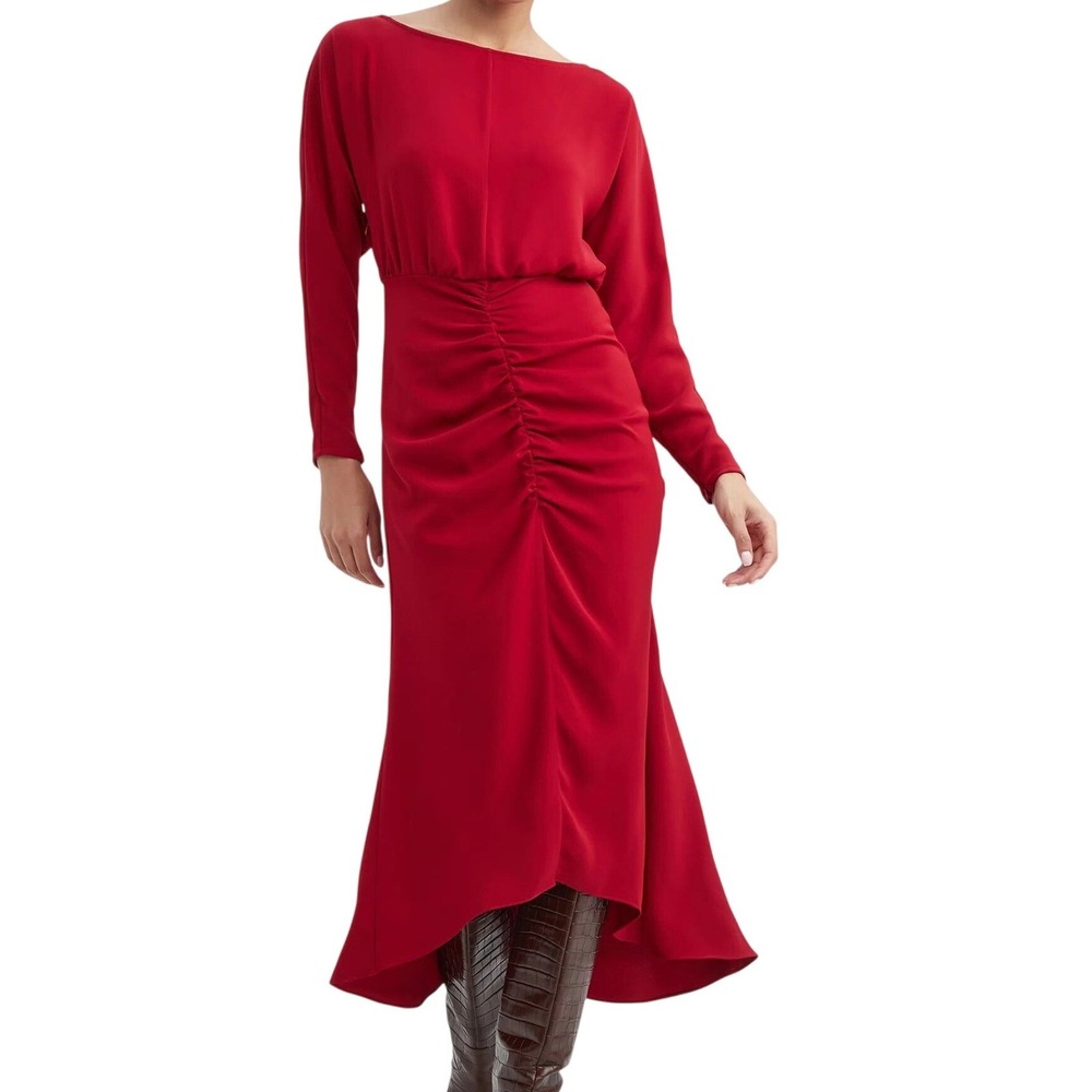 Trina Turk Ruched High Low Midi Dress Women 10 Red Long Sleeve 2408310GG1